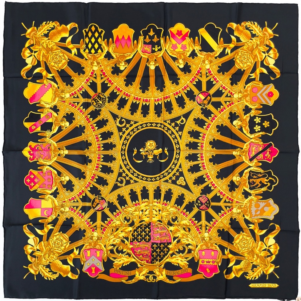 NWT Vintage Hermes Scarf "British Heraldry" in Black